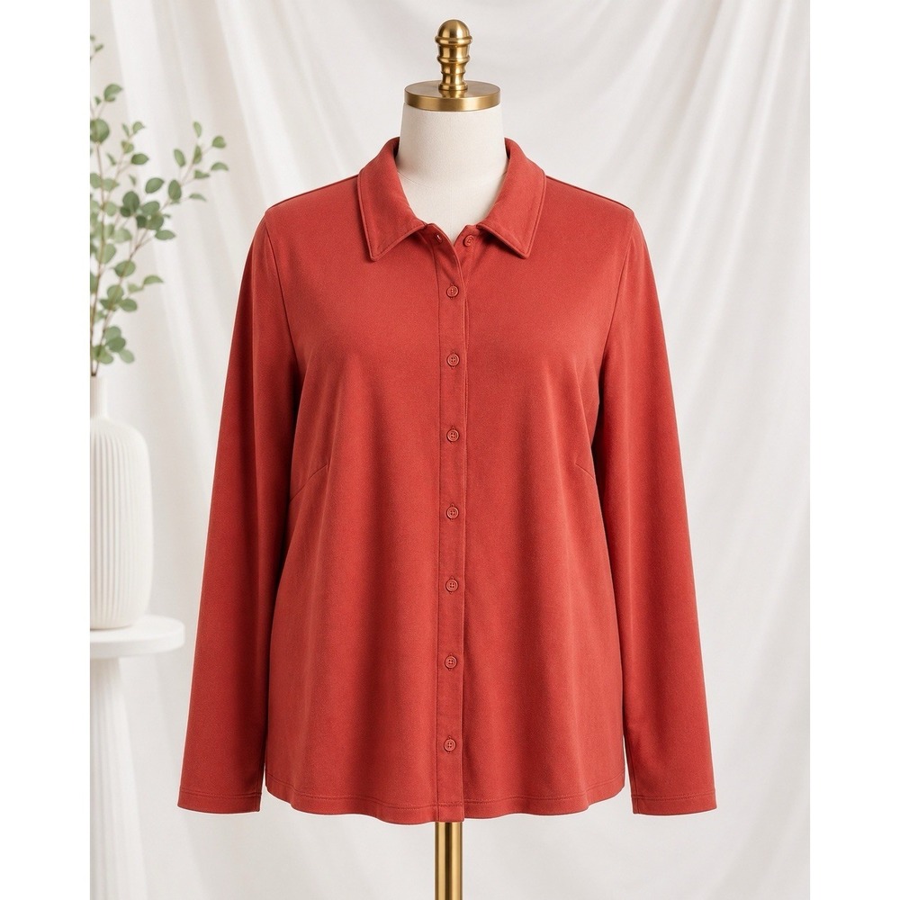 Isaac Mizrahi Live! Essentials Pima Cotton Button Front Top Auburn Orange 1X